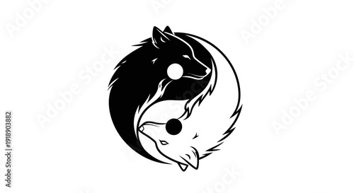 Intricate black and white wolf graphic intertwined in a classic Yin and Yang composition, symbolizing unity, contrast, and natural equilibrium