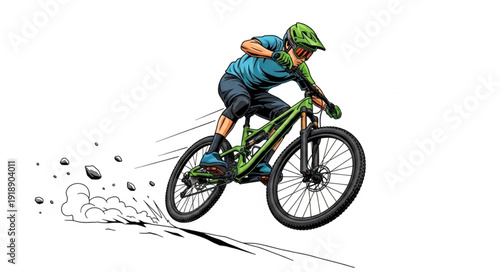 Mountain Biker Riding Downhill Fast.
