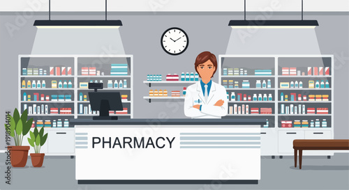 Modern Pharmacy Interior with Pharmacist and Medicine Shelves Illustration