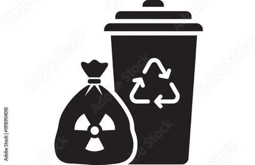 Trash bin recycling icon with hazardous waste bag and radiation symbol, black silhouette pictogram for disposal, safety warning, ecology signage isolated on white
