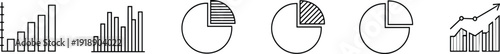 Minimal black and white business chart icon set featuring bar graphs, pie charts and growth analytics symbols for financial reports and data visualization design, Vector illustration.