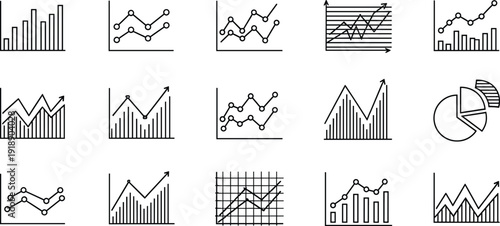 Minimal black and white financial chart icon set featuring bar graphs, line charts, pie diagrams and analytics symbols for business reports and data visualization, Vector illustration.