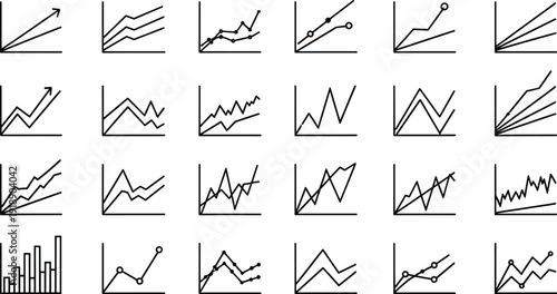 Minimal black line chart icons set, financial growth graphs, stock market trend analytics, business data visualization vector collection isolated on white.