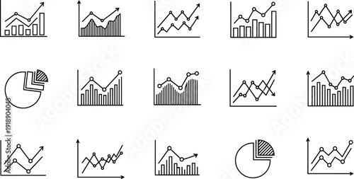 Minimal black financial chart icon collection featuring bar graphs, line charts, pie diagrams and analytics symbols for business statistics and data visualization, Vector illustration.