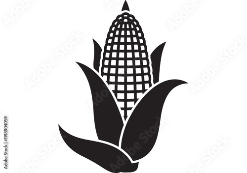 Corn cob icon with husk leaves, black silhouette glyph isolated on white background, simple maize vegetable symbol for farm, food packaging, and agriculture logo design