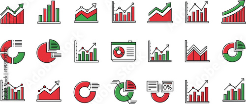 Red and green financial chart icon collection, business analytics graphs, bar charts, pie charts and growth arrows for corporate reporting dashboard design, Vector 