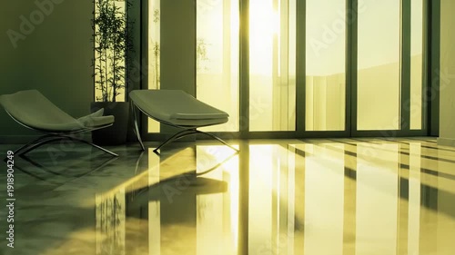 Modern living room interior featuring two minimalist chairs receiving bright sunlight and warmth through large windows, creating striking reflections on the polished marble floor