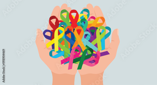 Hands holding a pile of colorful awareness ribbons vector illustration
