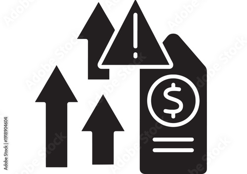 Price tag icon with dollar symbol and warning alert triangle, upward arrows showing inflation, cost increase, pricing risk and financial market surge glyph on white
