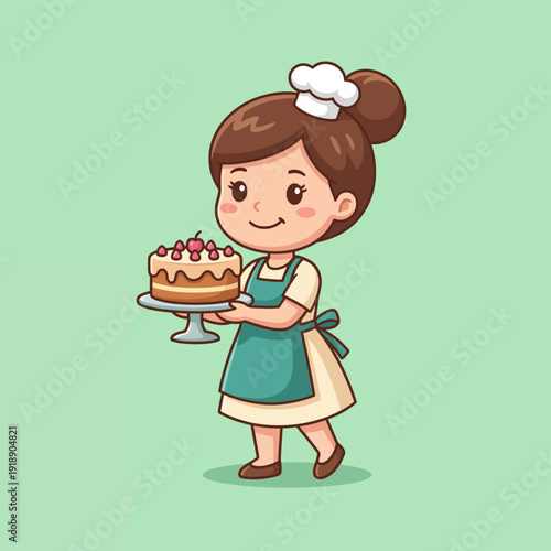 A cheerful baker wearing an apron and chef's hat presents a beautifully decorated cake, symbolizing joy, creativity, and thewarmth of baking and sharing wonderful treats.