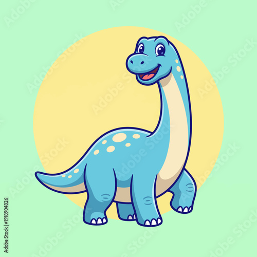 A cuteand friendly bluedinosaur stands cheerfully with a bright smileagainst a yellow background, representing nostalgia, childhood joy, and happiness in a playful manner.