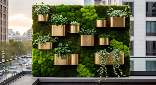 Green living wall with gold planters on city rooftop with urban landscape background