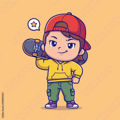 This illustration portrays a confident young kid holding a skateboard with a playful expression, representing thespirit of youth, adventure, and theexcitement of skating culture.