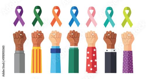 Diverse Group of Raised Fists and Colorful Awareness Ribbons Vector Illustration