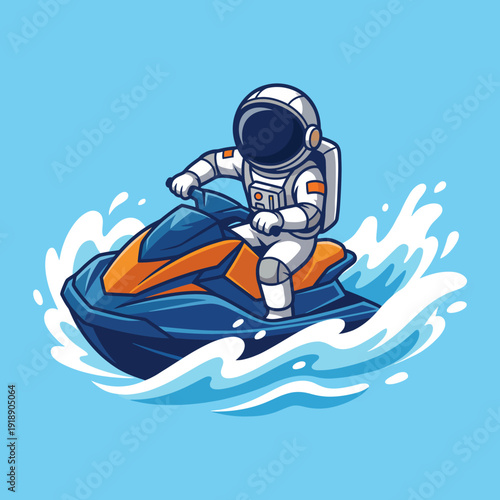 An adventurous astronaut is depicted riding a jet ski across bright bluewaves, blending theexcitement of both spaceexploration and water sports in a fun-filled cartoon style.