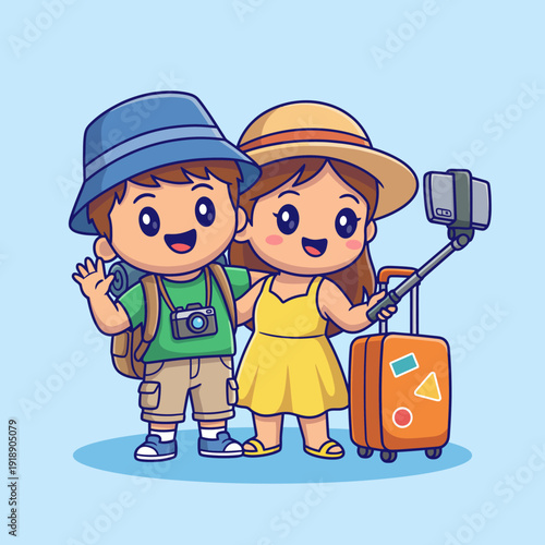 This cheerful illustration features two children happily taking a selfieduring their fun-filled vacation, showcasing their excitement and adventurespirit.