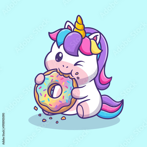 This charming illustration depicts a delightful unicorn happily munching on a colorful donut, embodying sweetness, innocence, and joy in a playful manner.