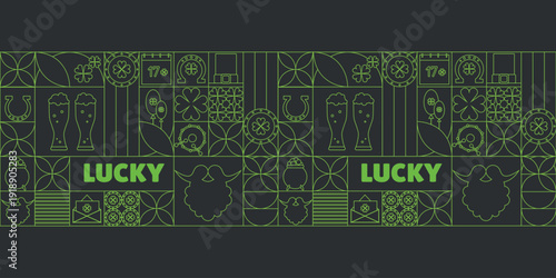 St Patrick Day Lucky Seamless Pattern with Irish Symbols. Saint Patrick Day Banner with Green Outline Icons