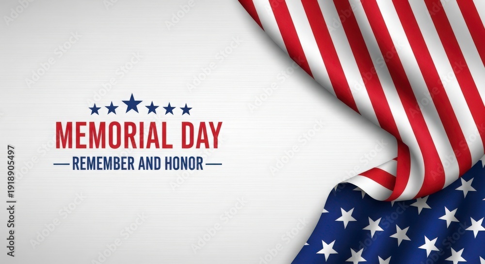 Fototapeta premium Memorial Day design with a draped American flag on a textured white and grey background, plus 