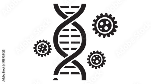 DNA helix icon with surrounding gear cogs symbolizing biotechnology, genetic engineering, bioinformatics, CRISPR research, laboratory analysis and medical innovation