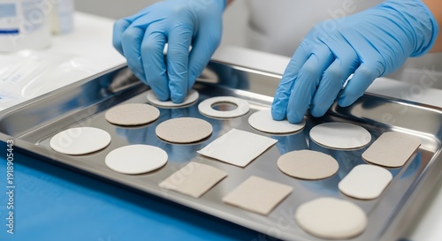 Lab technician arranging filter discs on a metal tray in a laboratory setting carefully