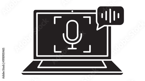 Laptop computer icon with microphone voice recognition frame and speech bubble, minimal black glyph symbol for audio recording, speech to text, online meeting UI