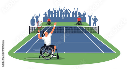 Illustration of a wheelchair tennis player serving on a blue court with a crowd of spectators cheering in the background with a lively atmosphere.