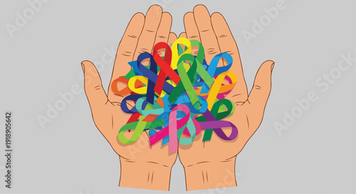 Hands holding pile of colorful awareness ribbons vector illustration