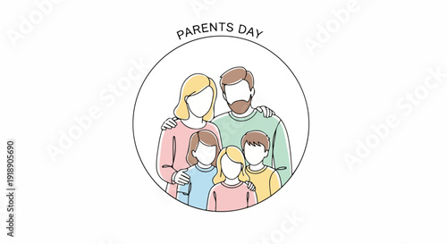 Illustration of a family of four with blank faces in a circle on a white background, celebrating Parents Day with a simple line drawing style and pastel colors.