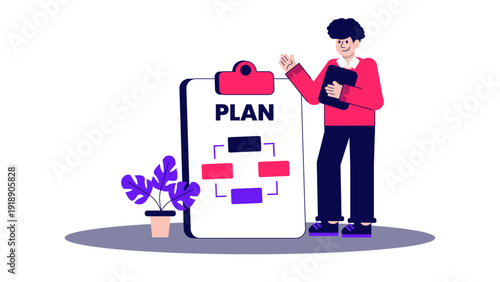 Professional man presenting a structured business plan and project workflow on a giant clipboard