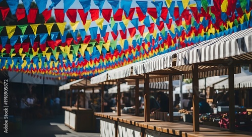 Vibrant triangular flags hang above outdoor market stalls with wooden tables and white canopies