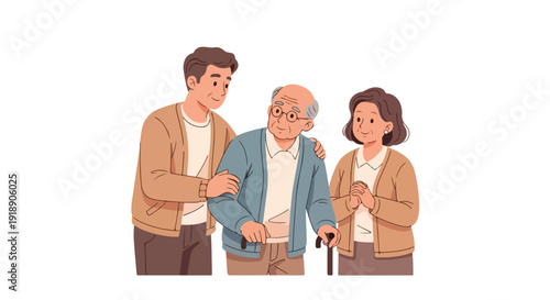 Illustration of a young man and woman supporting an elderly man with a cane in a simple, flat style against a clean white background with a caring mood.