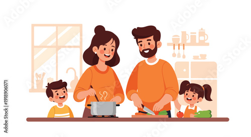 Illustration of a family of four cooking together in a kitchen with a warm atmosphere and orange tones.