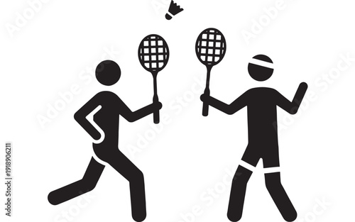Badminton players pictogram with two racket silhouettes hitting shuttlecock, sporty stick figure icon for fitness training, competition match, recreation and club signage