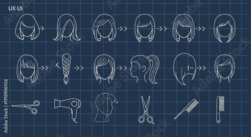 Hair Styling Steps Blueprint Illustration.