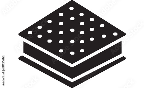 Ice cream sandwich icon with wafer cookie top and bottom, dotted texture, sweet dessert snack silhouette in flat black isolated on white background featuring treat, confectionery, bakery with food