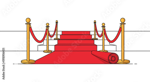 A red carpet unrolling on a staircase with golden stanchions and red velvet ropes for a grand event.