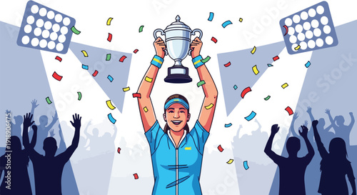 Illustration of a triumphant tennis player holding a trophy aloft with confetti and silhouetted fans in the background under bright spotlights.