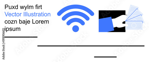 Technology, e-commerce, wireless communication, online transactions, digital payment, internet access. Image shows a wireless symbol next to a hand holding money. s technology and e-commerce