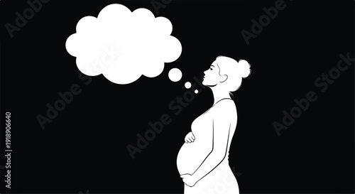 Pregnant Woman Thinking with Empty White Thought Bubble on Black Background