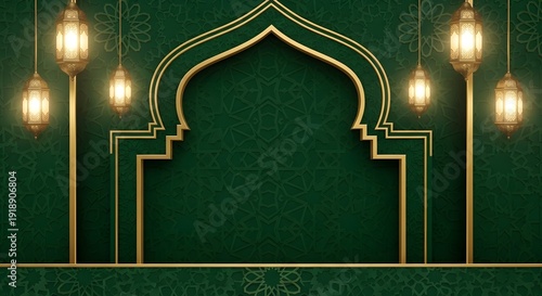 Golden Islamic arch with lanterns on green patterned background