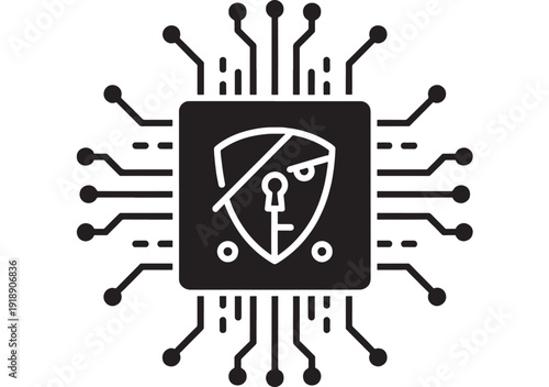 Chip cybersecurity icon with shield and keyhole inside microprocessor circuit lines, secure data protection symbol for network security, privacy, encryption and firewall apps