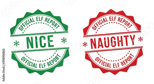 Christmas Naughty and Nice Official Elf Report Stamps Vector Set