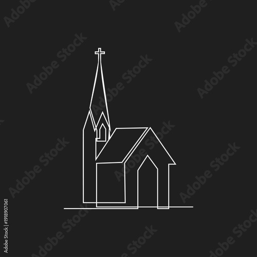 Minimalist One Line Drawing of a Church with a Cross and Steeple on a Black Background