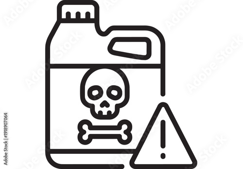 Pesticide container icon with toxic skull label and warning triangle symbol, bold outline line art for hazard safety signage, chemical danger alert, isolated on white