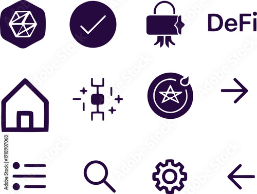 Decentralized Finance Icons: A collection of sleek, modern icons representing key aspects of Decentralized Finance (DeFi), perfect for web design, app interfaces, and presentations. 