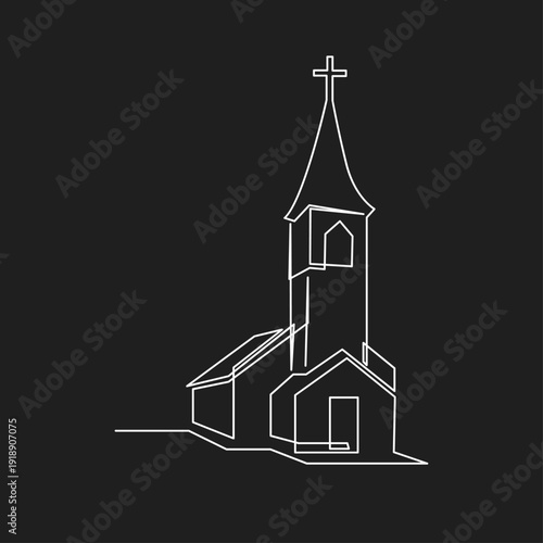 White continuous line drawing of a church with a cross on the steeple, a minimalist outline art on a black background.