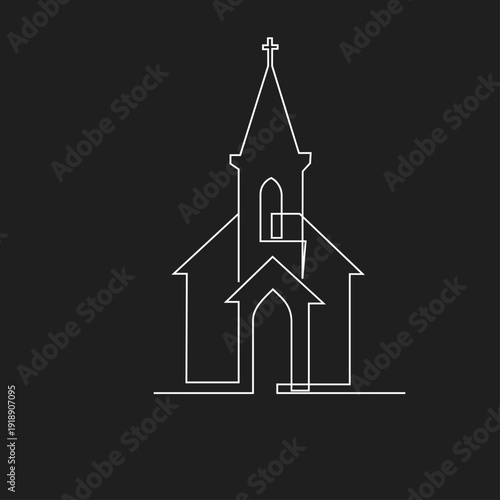Minimalist One Continuous Line Drawing of a Church Building with Cross Icon