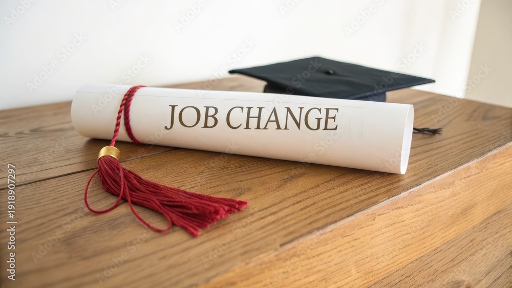 Fototapeta premium Job Change Concept with Graduation Cap and Certificate on Wood Table