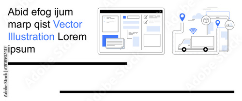 Logistics, delivery management, GPS tracking, e-commerce, online interface, modern technology. Truck with location pins and dashboard interface. Logistics and delivery management